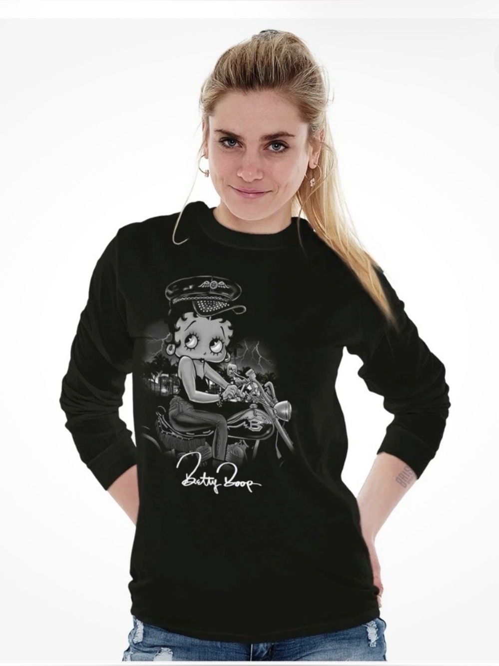 Betty Boop - Vintage Retro Biker Chick with Motorcycle Sweatshirt